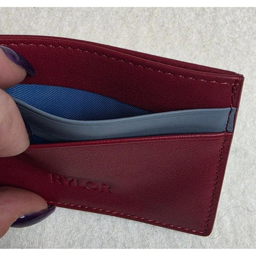 Rylor Burgundy Leather Slim Card Holder Wallet Grey Stripe Minimalist Pocket